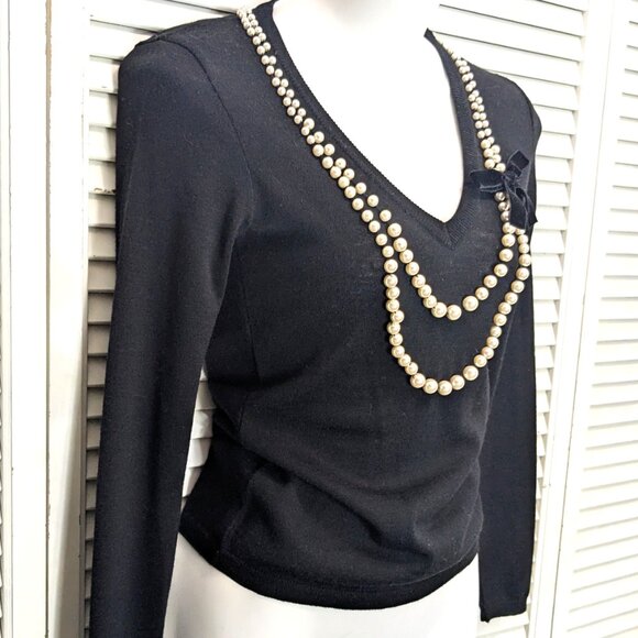 Moschino Cheap and Chic Wool Sweater Size 6 Black w Pearls Velvet Bow 2014 - Picture 3 of 16